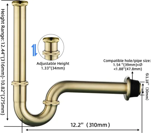 Miniatura 3 de Trampa P para botella de lavabo de baño, en forma de U de latón de 1-1/4 pulgadas, drenaje de entrada deslizante de 1-1/4 pulgadas, kit de trampa