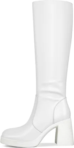 Miniatura 2 de SOVANYOU Botas de cuero negro con plataforma para mujer, botas de tacón grueso con punta cuadrada