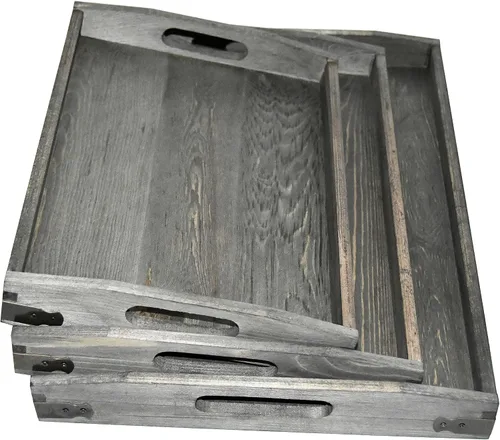 Miniatura 4 de Owlgift Bandejas de madera gris vintage con detalles de metal de latón, juego de 3