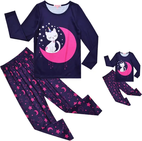 Miniatura 36 de QPANCY Conjunto de pijamas a juego para niñas y muñecas, pijamas de manga larga para otoño e invierno