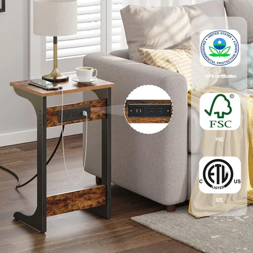 Miniatura 4 de TUTOTAK - Mesa auxiliar en forma de C con estación de carga, mesa auxiliar, mesa de sofá para espacios pequeños, bandeja de TV con 2 puertos USB