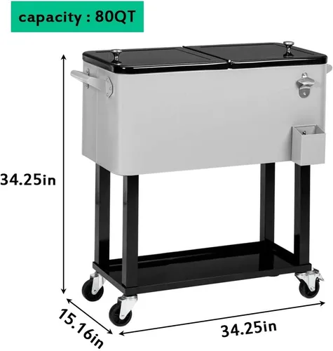 Miniatura 7 de SSLine Enfriador portátil para patio con ruedas, carrito de barra de bebidas frías al aire libre con estante de almacenamiento y abridor de Gris