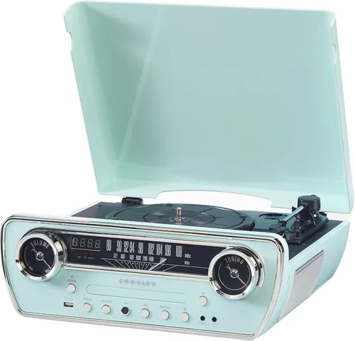 Miniatura 14 de Crosley CR6047A-AB Powel 7-en-1 Tocadiscos Bluetooth con entrada/salida de vinilo, radio AM/FM, reproductor de CD y entrada auxiliar, Azul Aqua