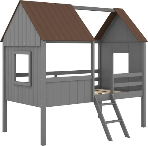 Miniatura 5 de Quarte Fun House - Cama con techo y dos ventanas laterales, cama baja de madera tamaño individual con escaleras pequeñas y barandilla, para niños