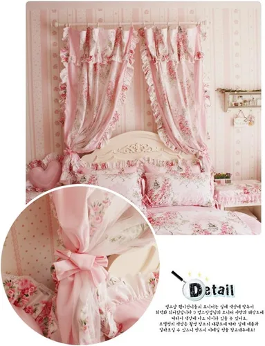 DIAIDI Cortina de estilo coreano rústico vintage rosa con flores para dormitorio, tratamiento de ventana floral (dos paneles)