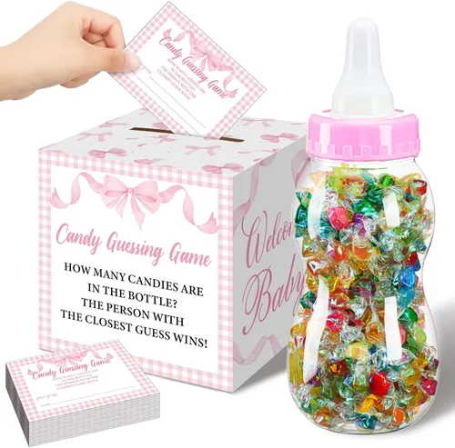 Glenmal Juego de 52 piezas de regalo para juegos de baby shower, biberón grande para juego de ducha, adivina cuántos dulces decoraciones para