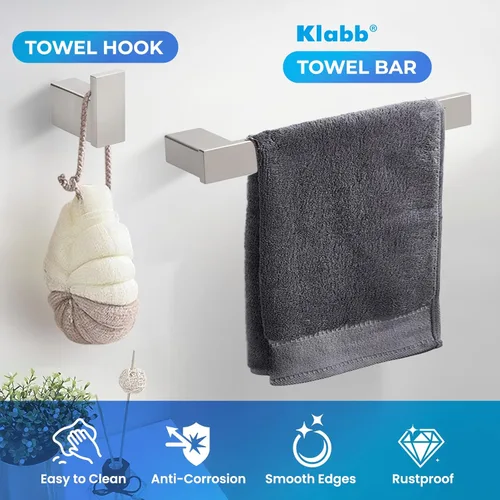 Miniatura 6 de Klabb Juego de 4 piezas de accesorios de baño plateados metálicos, juego de toallero de acero inoxidable SUS304 de 24 pulgadas con soporte