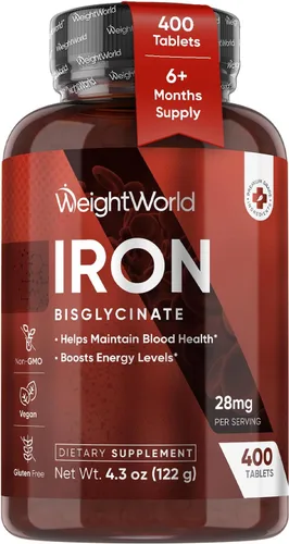 WeightWorld Tabletas de bisglicinato de hierro quelado de 28 mg para salud sanguínea y energía (suministro de 6 meses) - Suplemento de hierro suave