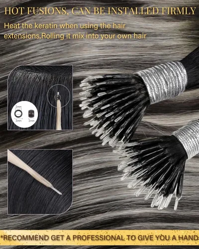 Miniatura 2 de Hetto Extensiones de cabello humano con nano cuentas, balayage, extensiones de cabello humano, color negro degradado a plateado, extensiones