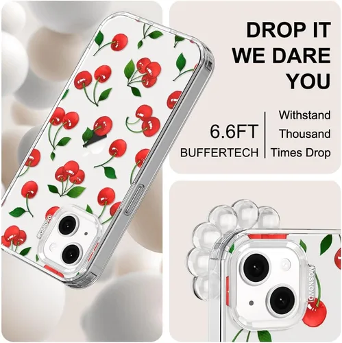 Miniatura 6 de MOSNOVO para iPhone 13/14 Funda de grado militar probada contra caídas de 2.01m Transparente con lindo diseño de cereza Claro - Linda cereza
