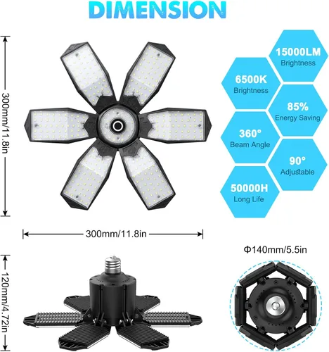 Miniatura 4 de Bombilla LED para garaje AYSEMO de 15000 lm - Luces LED de techo ajustables en 360° con 6+1 paneles deformables, 6500 K de luz diurna, base