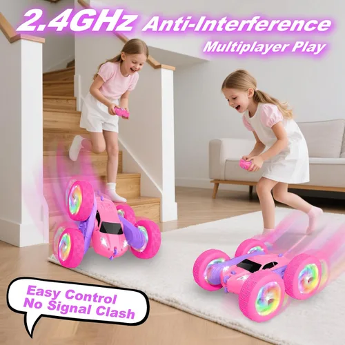 Miniatura 3 de Auto a control remoto, autos RC para niñas, rastreador RC de doble cara de 2.4 GHz con batería modular USB-C mejorada, juguetes de automóvil Rosa