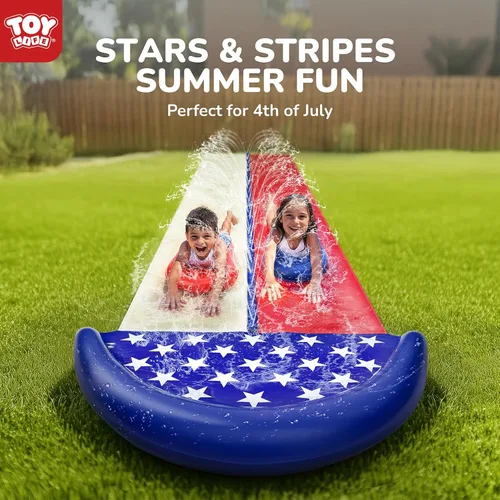 Miniatura 8 de TOY Life Toboganes acuáticos gigantes de bandera estadounidense para niños, tobogán acuático de 20 pies, patio trasero con 2 tablas de bodyboard, 2