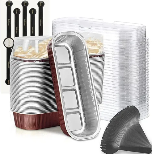 Miniatura 22 de Findful Mini Moldes para Hornear Pan con Tapas y Cucharas (Paquete de 50, 6.8oz) Moldes Rectangulares de Papel de Aluminio para Hornear Recipientes