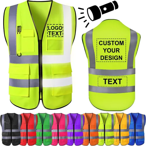 Miniatura 9 de Chaleco de seguridad personalizado para hombre, chaleco personalizado de alta visibilidad, ropa de trabajo con tira reflectante, 5 bolsillos Azul