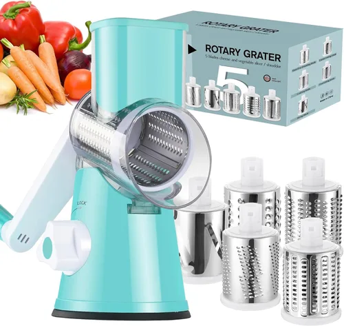 Miniatura 14 de Ourokhome rallador giratorio de queso con manivela manual, triturador de cocina con rebanador de mandolina de velocidad y raspador de hielo con Negro