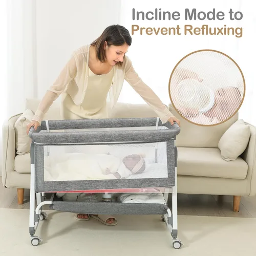 Miniatura 6 de Cuna para bebé, moisés junto a la cama, 4 en 1 con ruedas con candado, mosquitero, cuna portátil plegable ajustable para recién nacido, gris