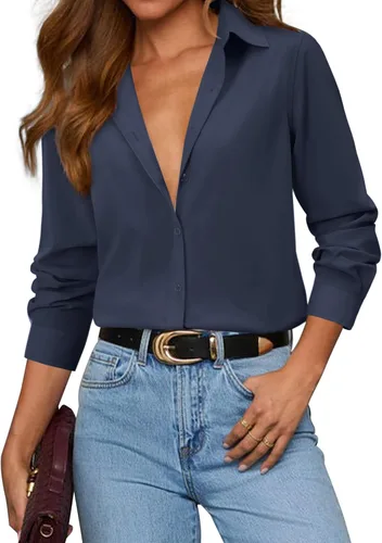 Miniatura 22 de siliteelon Camisas con botones para mujer, camisa de vestir de algodón de manga larga con cuello, camisa de negocios, trabajo, oficina, blusa