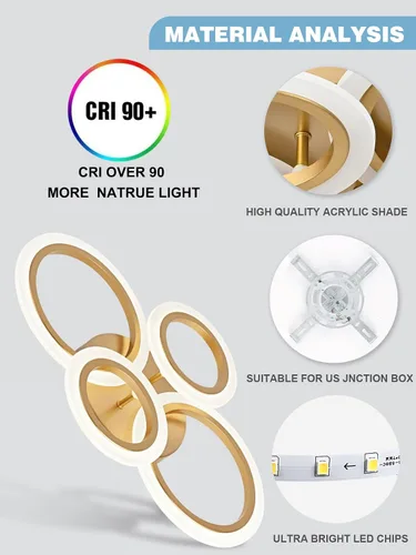 Miniatura 7 de Lámpara LED moderna de montaje empotrado, 4 anillos dorados cerca del techo, lámpara de iluminación de cocina para dormitorio, sala de estar