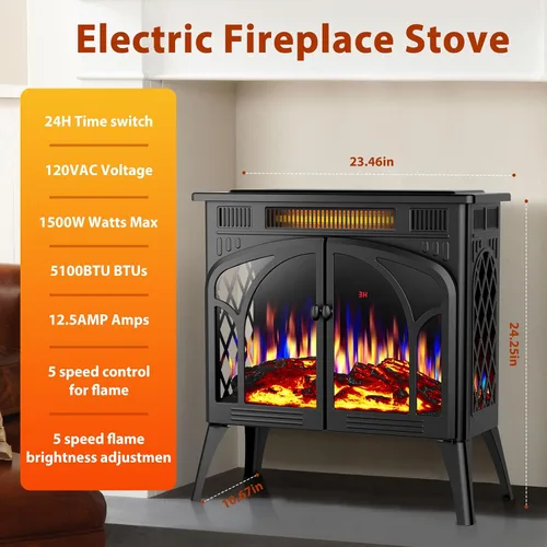 Miniatura 5 de ZAFRO Calentador eléctrico de chimenea de 24 pulgadas, 5100 BTU independiente con control remoto y temporizador, color de llama ajustable, 500 Negro