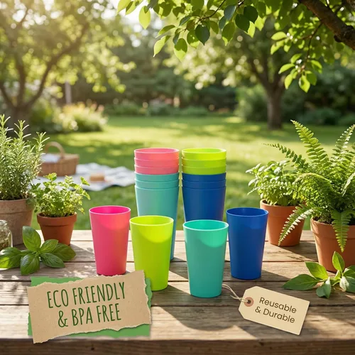 Miniatura 5 de Vasos de plástico de 32 onzas, reutilizables, aptos para lavavajillas, sin BPA, juego de 12 vasos multicolor grandes para beber Colores pastel neón