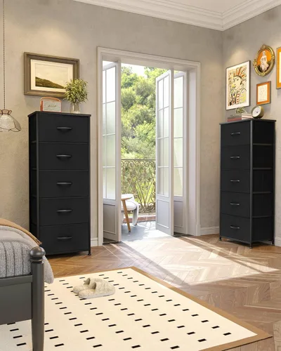 Miniatura 9 de Crestlive Products Torre de almacenamiento vertical para vestidor - Estructura resistente de acero, parte superior de madera, cajones de tela Negro