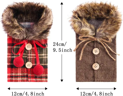 Miniatura 2 de Tanlee 6 fundas de suéter de Navidad a cuadros para botellas de vino con cuello de piel sintética y diseño de capa de botón para decoraciones
