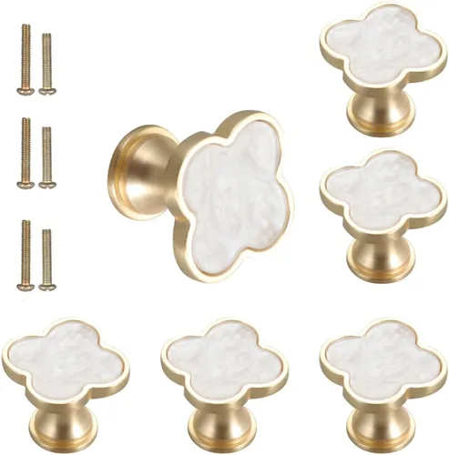 Miniatura 10 de 6 piezas de manijas de pomo de trébol de cuatro hojas de latón, pomos dorados para gabinetes, cajones, cómodas, muebles, cocina, armario, baño