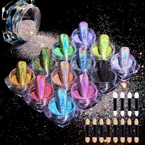 12 Frascos de Polvo Holográfico para Uñas, Kit de Polvo Cromado para Uñas Negro Azul Conjunto de Polvo de Purpurina Ultra Fino, Pigmento Neón
