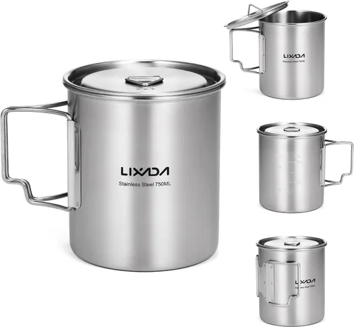 Miniatura 5 de LIXADA Taza para acampar, taza de agua de acero inoxidable de 25.4 fl oz con asas plegables y tapa para acampar al aire libre, senderismo, mochilero