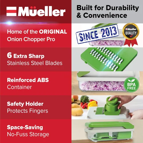 Miniatura 3 de Mueller Cortador de verduras de 9 cuchillas, mandolina para rebanar, picador de verduras, rallador de queso, cortador de cebolla con recipiente