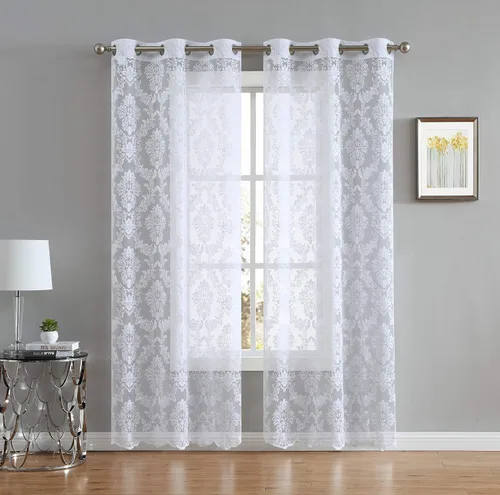 Miniatura 7 de LinenZone Par de 2 paneles de cortina de encaje de punto con parte inferior festoneada. Elegantes cortinas de encaje de granja para sala de estar