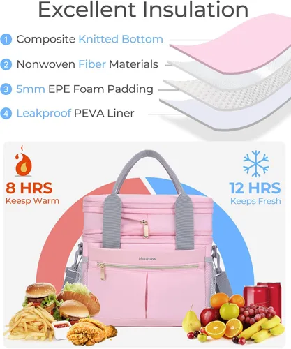 Miniatura 5 de Lonchera para Mujeres de Doble Nivel Aislada Bolsa de Almuerzo para Mujeres Expandible a Prueba de Fugas Reutilizable Bolsa Refrigeradora de Champán