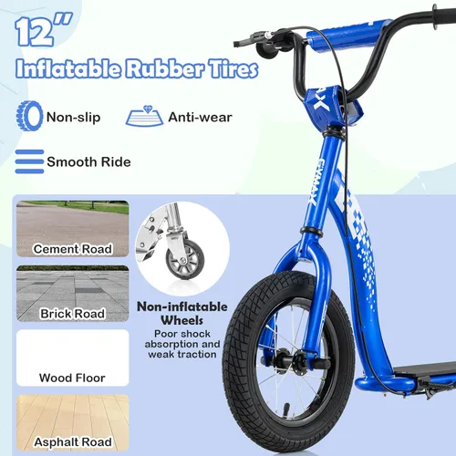 Miniatura 2 de GYMAX Patinete, Patinete de Empuje para Adultos, Adolescentes, Niños con Manubrio Ajustable, Ruedas Inflables de 12 Pulgadas, Freno de Pinza