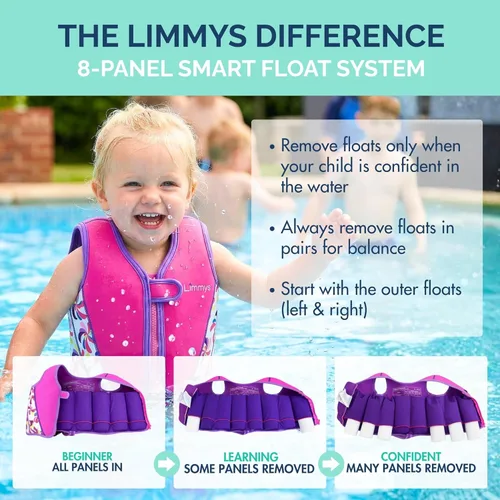 Miniatura 4 de Limmys Chaleco de natación para niños pequeños y niños, ayuda de natación de flotabilidad ajustable, certificado de seguridad CE, diseño galardonado