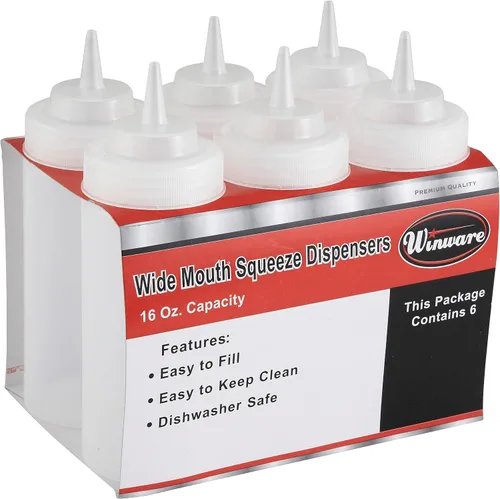 Miniatura 3 de Winco Botellas exprimibles de 16 onzas, boca ancha, transparentes, 6 unidades/paquete