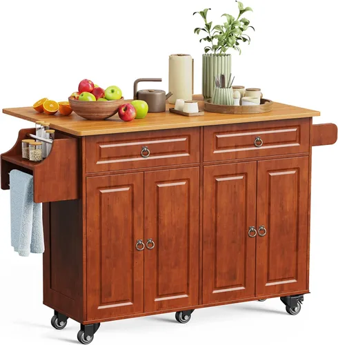 Aiho Carrito de isla de cocina con almacenamiento, carritos móviles de 52 pulgadas con mesa de cocina rodante con toallero, estante de especias,