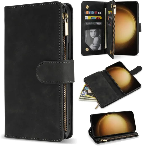 ZZXX Funda tipo cartera para Samsung Galaxy S23 con ranura para tarjeta de bloqueo RFID, piel sintética, con cremallera, con correa y función atril,