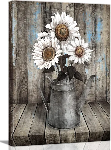 Decoración de pared rústica enmarcada de girasol blanco para impresión de imágenes florales vintage, lienzo de grano de madera para sala de estar,