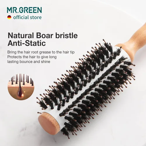 Miniatura 3 de MR.GREEN Cepillo de pelo de cerdas de jabalí, cepillo redondo para rizar, cepillo de pelo de madera natural, peine desenredante para rizado largo