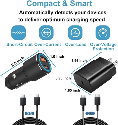 Miniatura 2 de Samsung - Cargador tipo C, kit de carga rápida, 25 W PD USB C de pared/coche súper rápido con cable de carga de 6.6 pies para Samsung Galaxy S26/S26