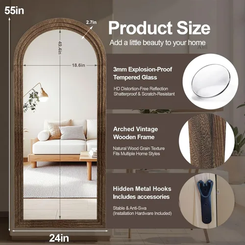 Miniatura 3 de Delma Espejo Arqueado de Cuerpo Entero con Marco de Madera Maciza, 55x24 Espejo de Piso Montado en Pared Estilo Granja con Soporte, Colgado