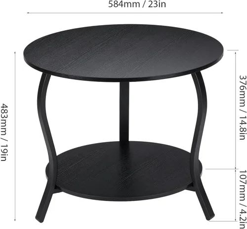 Miniatura 3 de Mesa auxiliar redonda pequeña con almacenamiento abierto, mesas auxiliares de 2 niveles de 23 pulgadas para espacios pequeños, mesa central Negro