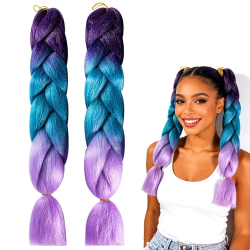 MAQIHAN Extensiones de cabello trenzado jumbo – 24 pulgadas, 2 paquetes de cabello trenzado azul lago morado, sintético de alta temperatura Jumbo