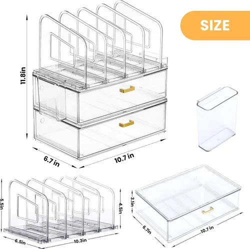 Miniatura 2 de LALOBLUE Organizador de Escritorio de Acrílico con Cajón, Suministros de Oficina, Almacenamiento de Organización, Organizador de 2 Cajones con 4