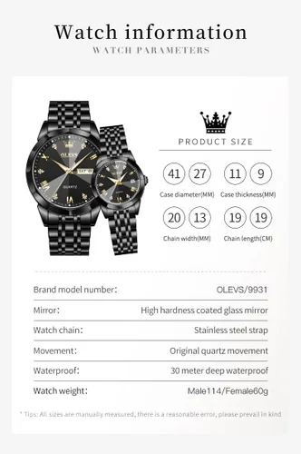 Miniatura 37 de OLEVS Juego de 2 relojes de cuarzo para parejas de San Valentín, calendario luminoso, ventana de fecha, 3 ATM, impermeable, casual, acero
