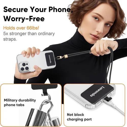 Miniatura 3 de Cordón universal cruzado para teléfono celular, cordón ajustable antirrobo para el cuello para iPhone 17 Pro Max, 2 parches de teléfono, Rosa