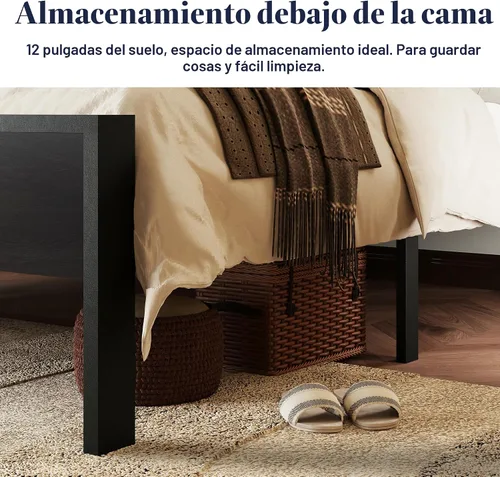 Miniatura 5 de Allewie Base de cama de plataforma tamaño Queen con cabecera y estribo de madera, soporte de 12 listones de metal resistente, no necesita somier