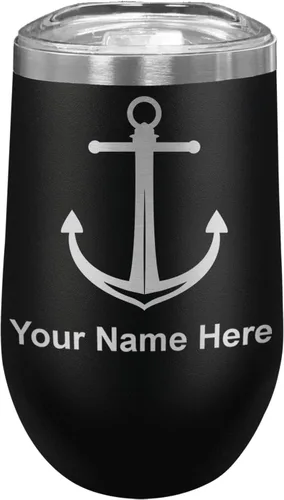Miniatura 11 de LaserGram Vaso de vino de acero inoxidable de doble pared, ancla de barco, grabado personalizado incluido (negro)