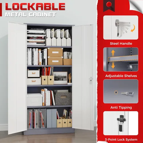 Miniatura 6 de Pataku Armario de almacenamiento de garaje de 71 pulgadas, gabinete de bloqueo de metal de 5 capas con puerta, gabinetes de almacenamiento Gris